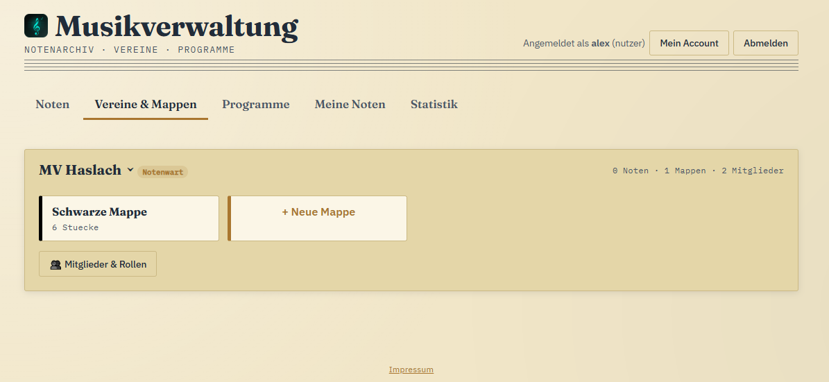 Vereinsübersicht mit Mitgliedern und Mappen